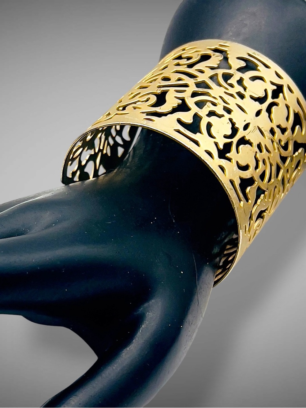 Fabulous Bold Vintage Gold Tone Filigree Jali Wide Cuff Statement Bracelet